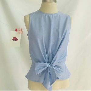Stripe tie front sleeveless top light blue.
